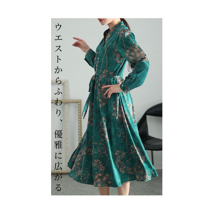 異国風のレトロな花が舞う花柄ブラウスワンピース レディース  