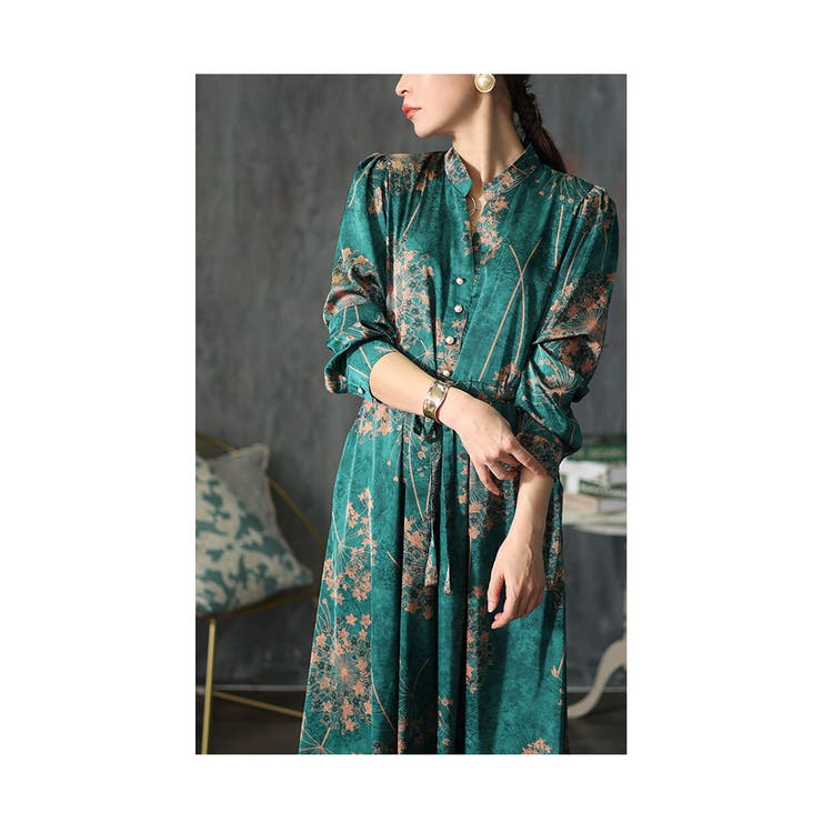 異国風のレトロな花が舞う花柄ブラウスワンピース レディース  