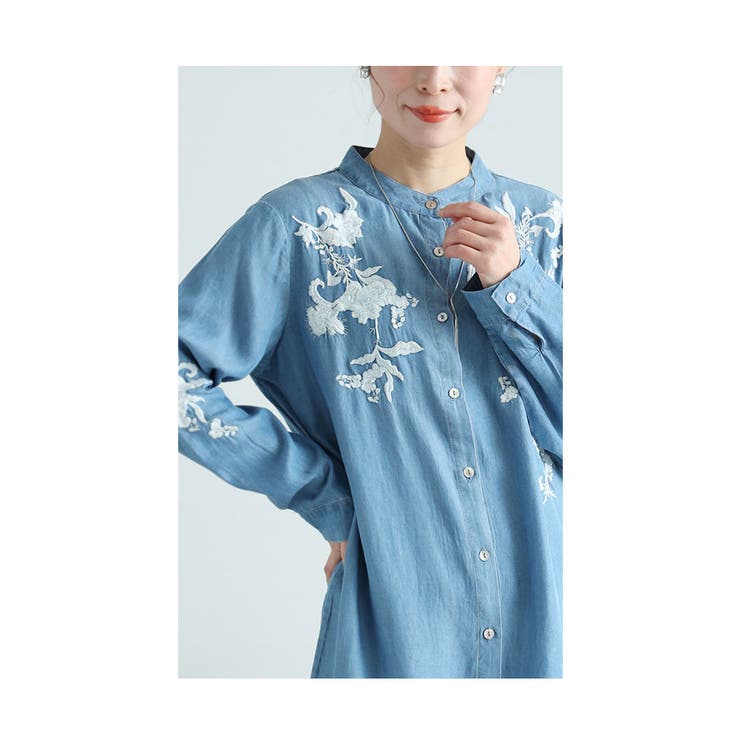 花刺繍デニムシャツチュニック レディース ファッション[品番