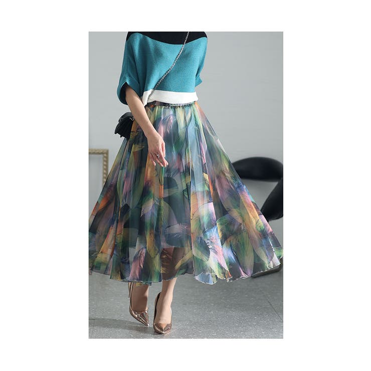 軽やかに舞うように美しい羽根柄シフォンスカート レディース