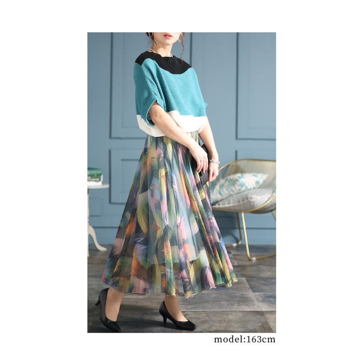 軽やかに舞うように美しい羽根柄シフォンスカート レディース