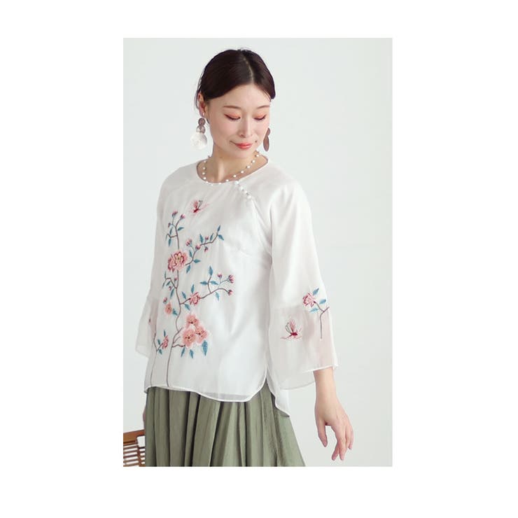 シフォンに咲く花刺繍のチャイナ風シャツブラウス レディース ファッション | Sawa a la mode | 詳細画像14 