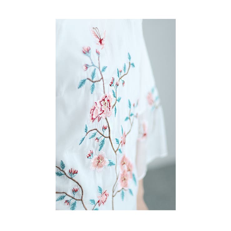 シフォンに咲く花刺繍のチャイナ風シャツブラウス レディース