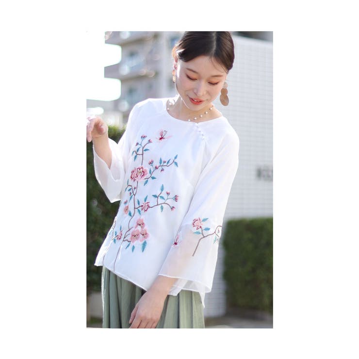 シフォンに咲く花刺繍のチャイナ風シャツブラウス レディース ファッション | Sawa a la mode | 詳細画像18 