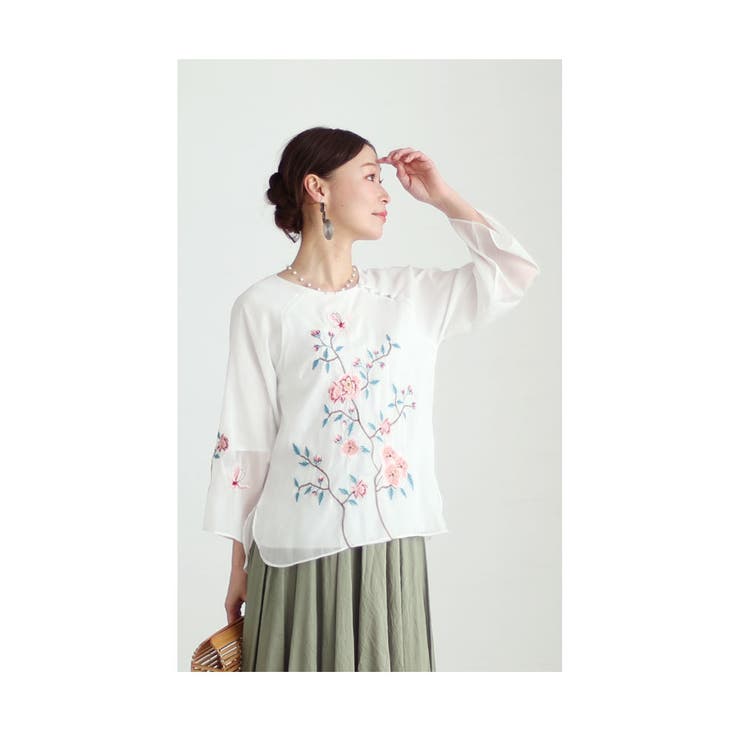 シフォンに咲く花刺繍のチャイナ風シャツブラウス レディース ファッション | Sawa a la mode | 詳細画像20 