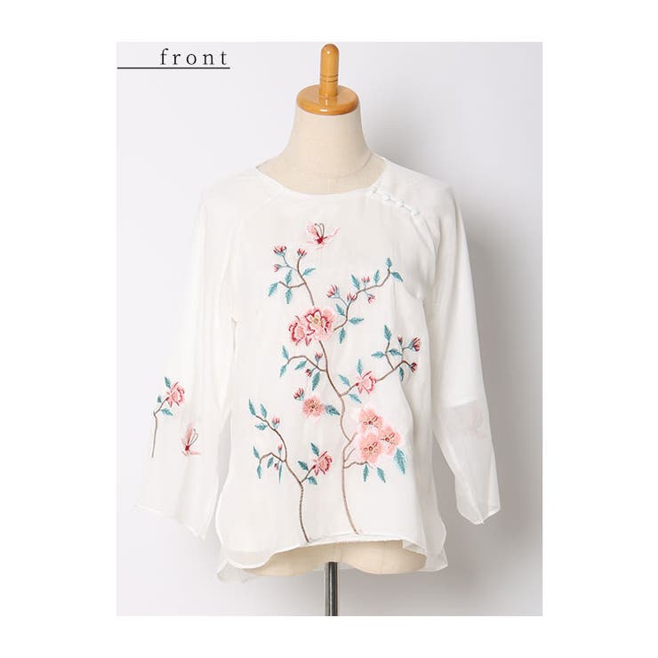 シフォンに咲く花刺繍のチャイナ風シャツブラウス レディース ファッション | Sawa a la mode | 詳細画像21 
