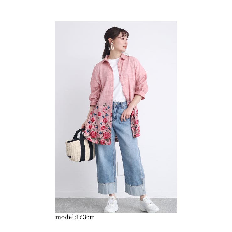 お花畑に包まれる刺繍コットンシャツチュニック レディース