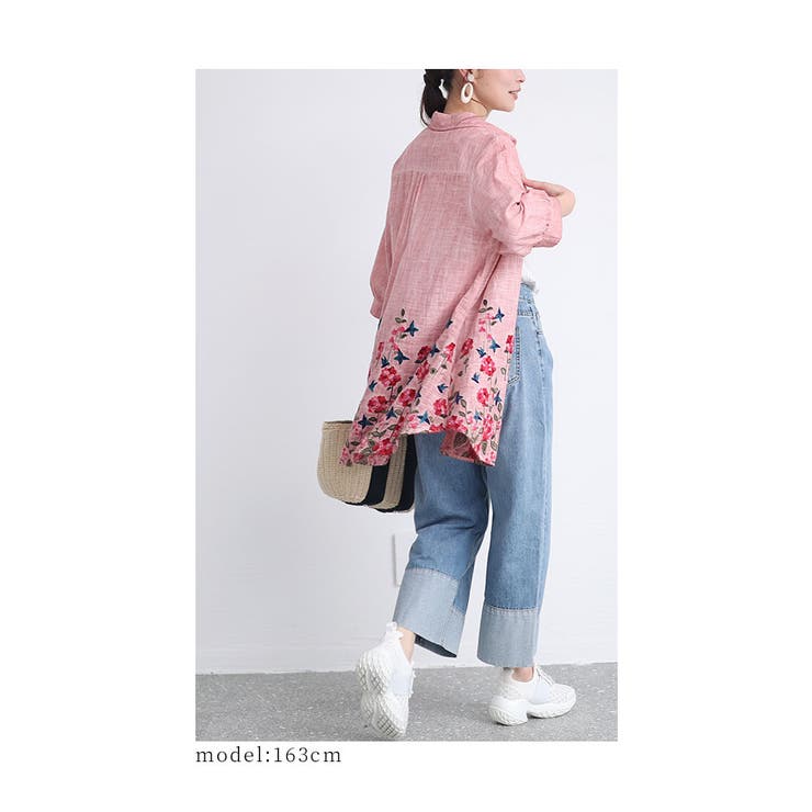 お花畑に包まれる刺繍コットンシャツチュニック レディース