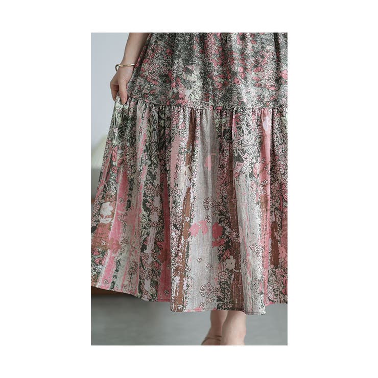 アンティーク花模様ティアードロングスカート【5月18日20時販売新作】