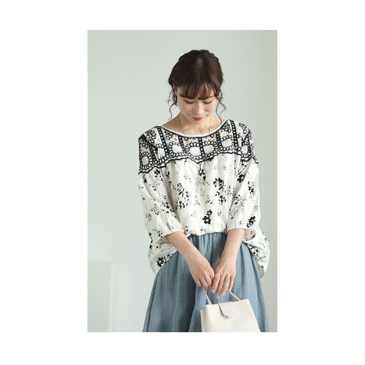 ぐるりと囲む刺繍レース花柄シャツブラウス【6月19日20時販売新作】