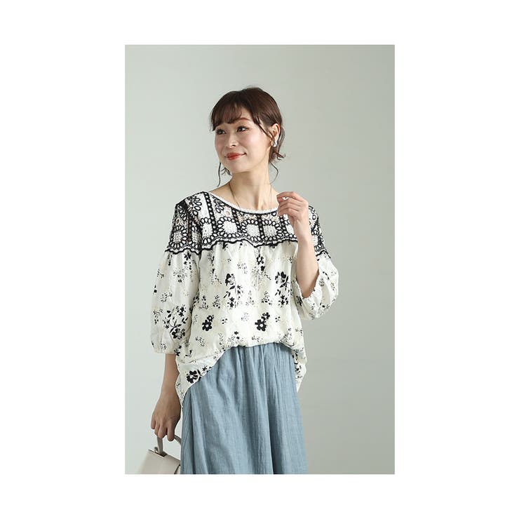 ぐるりと囲む刺繍レース花柄シャツブラウス【6月19日20時販売新作】