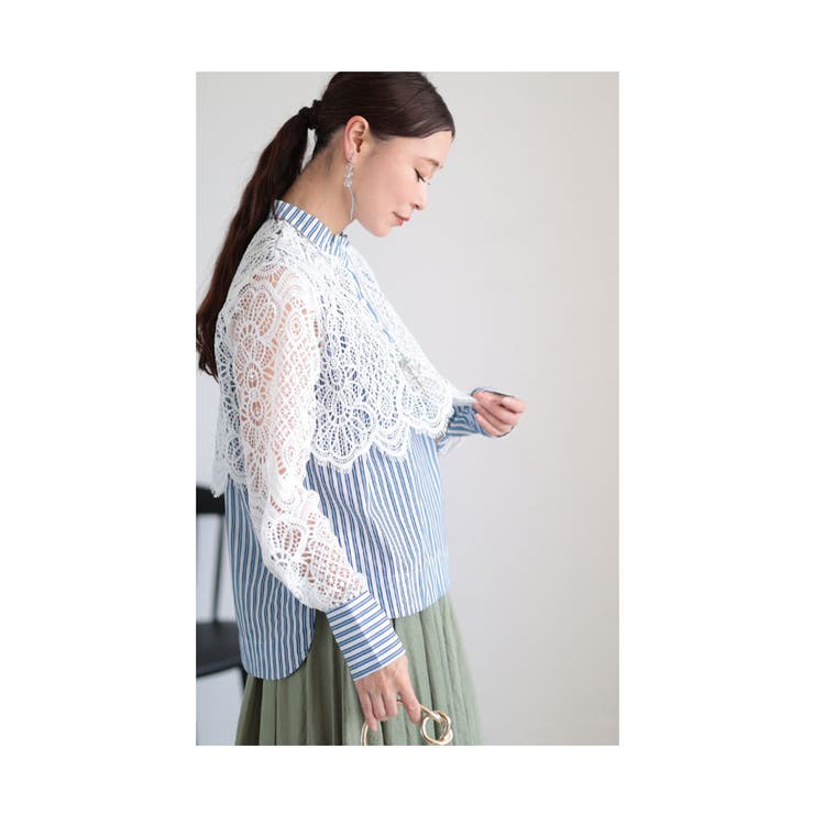 美しいレースが重なるストライプシャツブラウス レディース 美しいレースが重なるストライプシャツブラウス レディース