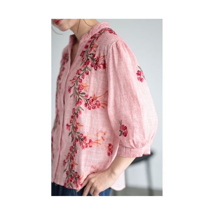 彩り花刺繍のコットンシャツチュニック【8月21日20時販売新作】