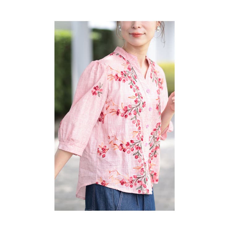 彩り花刺繍のコットンシャツチュニック【8月21日20時販売新作】