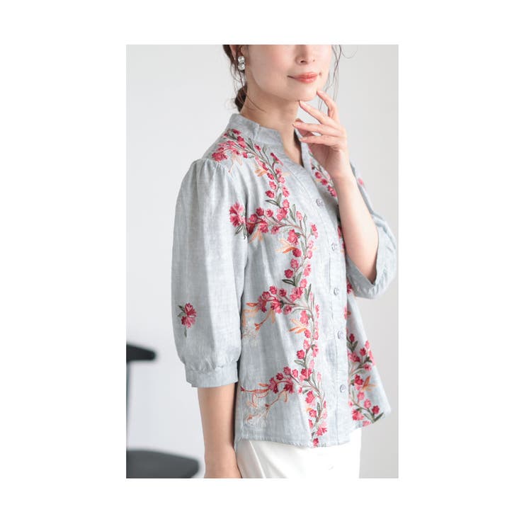 彩り花刺繍のコットンシャツチュニック【8月21日20時販売新作】