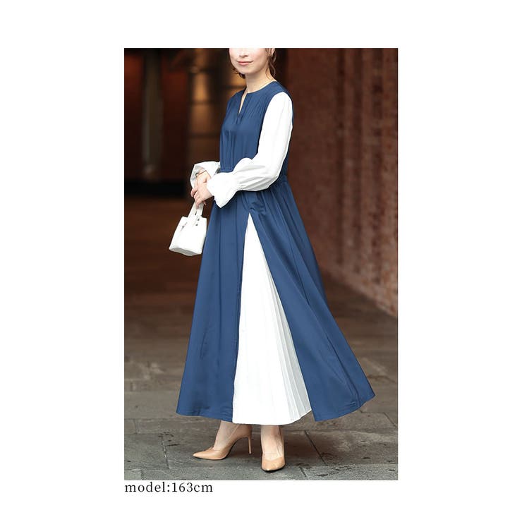 ちらりプリーツが覗く異素材切り替えワンピース レディース