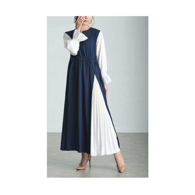 ちらりプリーツが覗く異素材切り替えワンピース レディース