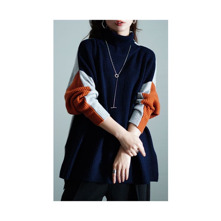 たちまち洒落感ブロック配色タートルニット【10月3日20時販売新作】