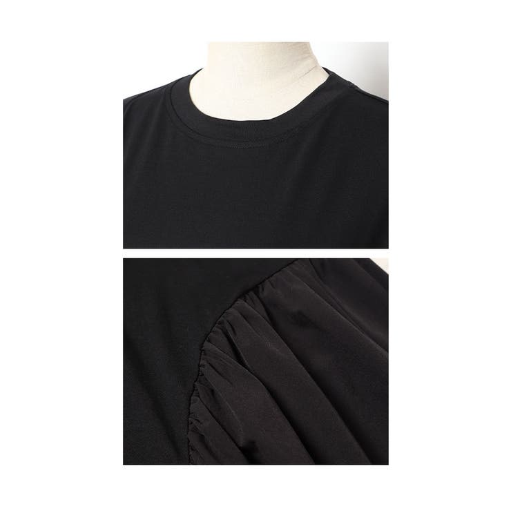 柔らかな甘さを加える異素材ギャザーワンピース レディース