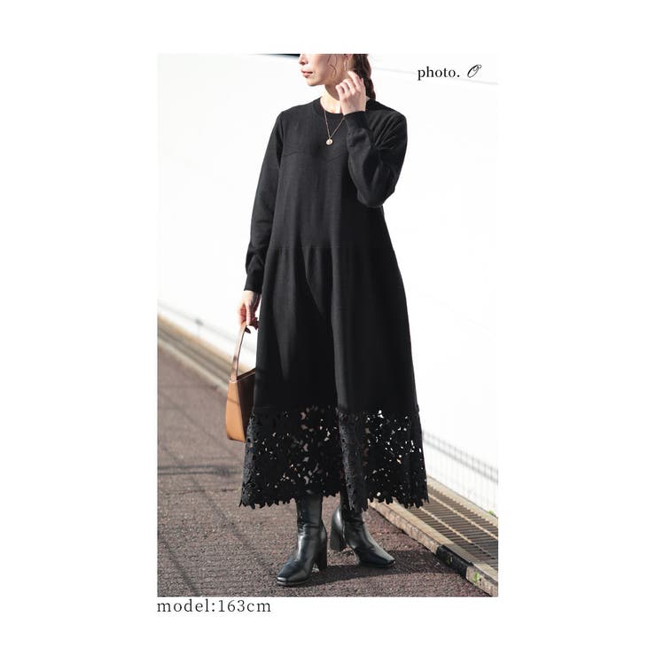 湧き上がるエレガントな裾レースニットワンピース レディース