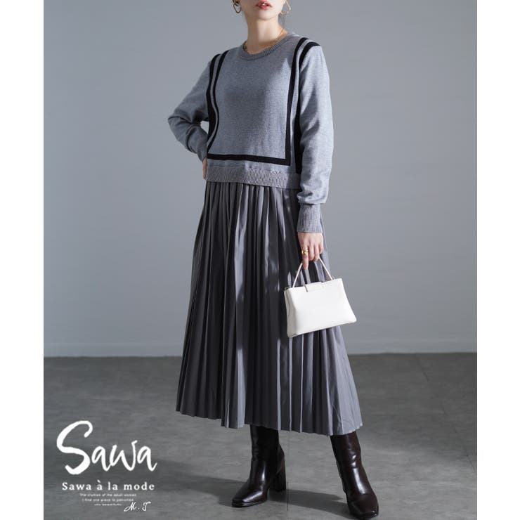 着痩せる魔法のライン異素材プリーツワンピース レディース ファッション | Sawa a la mode | 詳細画像1 