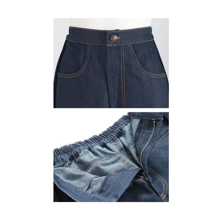 甘さを重ねるプリーツ異素材ワイドデニムパンツ レディース