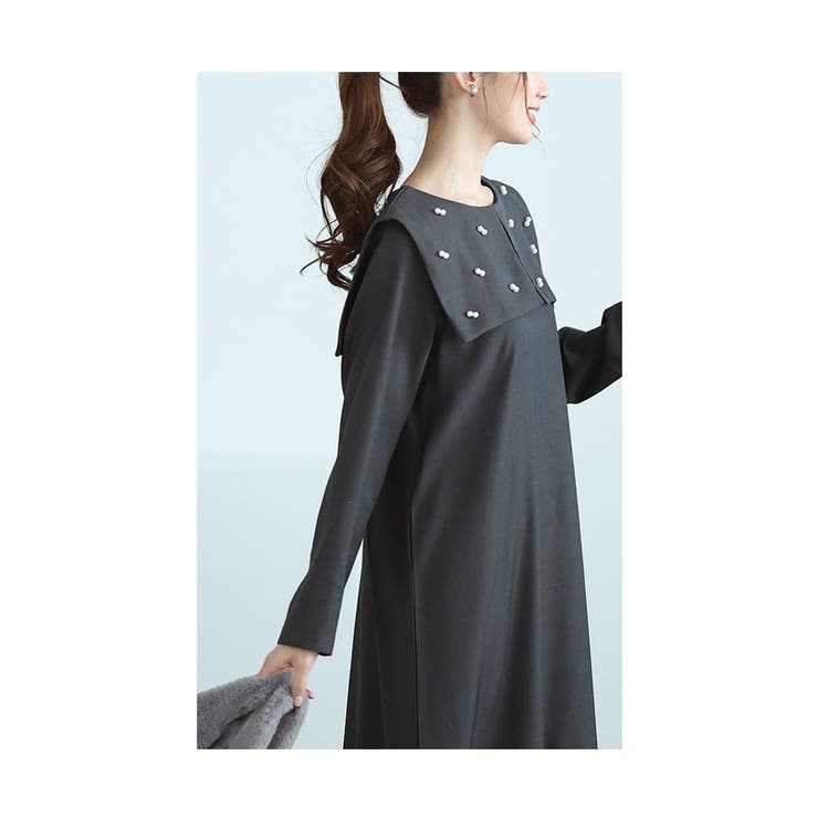 パールの粒が降り注ぐエレガントなビックカラーフレアワンピース  