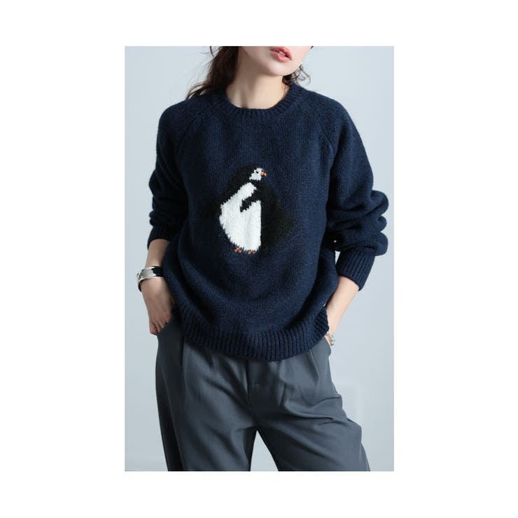キャッチーなアイコンお散歩ペンギン柄ニット【1月6日20時販売新作】