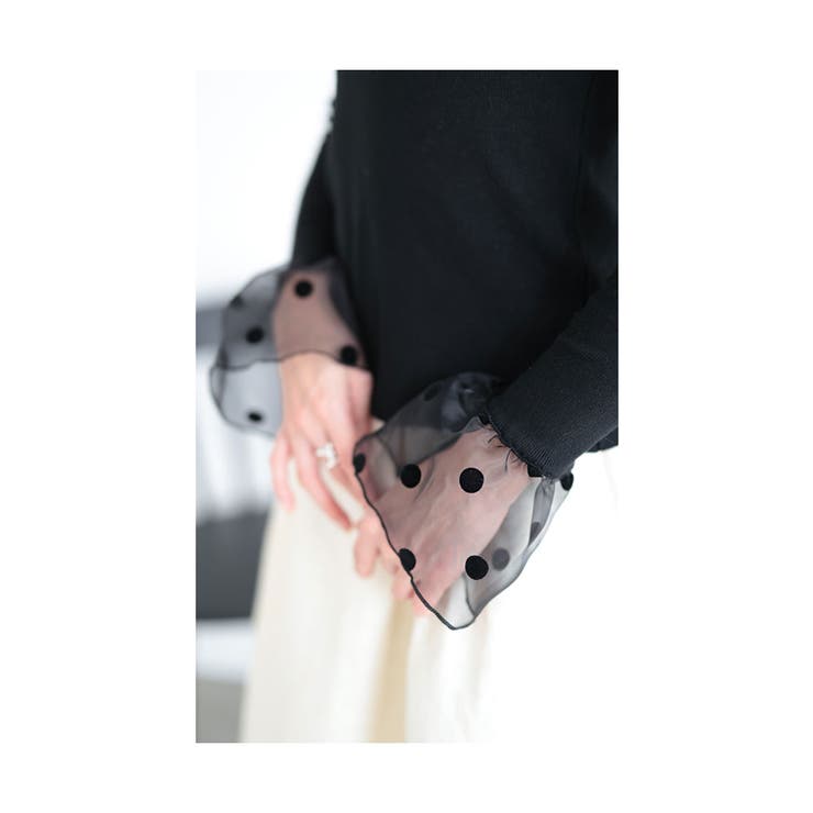 フロッキードット切替フレアスリーブニットトップス【1月18日20時販売新作】