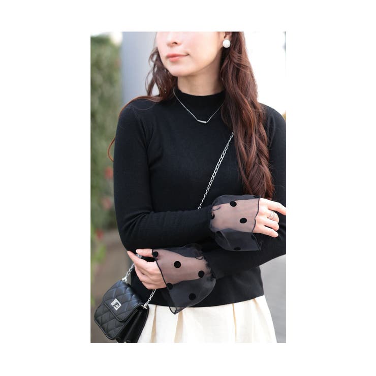 フロッキードット切替フレアスリーブニットトップス【1月18日20時販売新作】