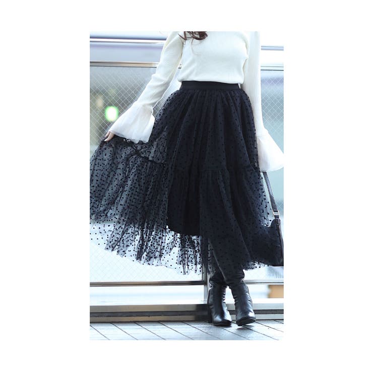 チュールドットフロッキーギャザーフレアスカート【1月25日20時販売新作】