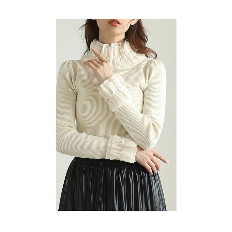 パール付きプリーツフリルのリブニットトップス【2月15日20時販売新作】