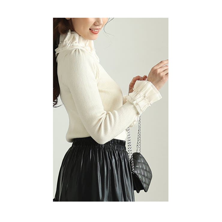 パール付きプリーツフリルのリブニットトップス【2月15日20時販売新作】
