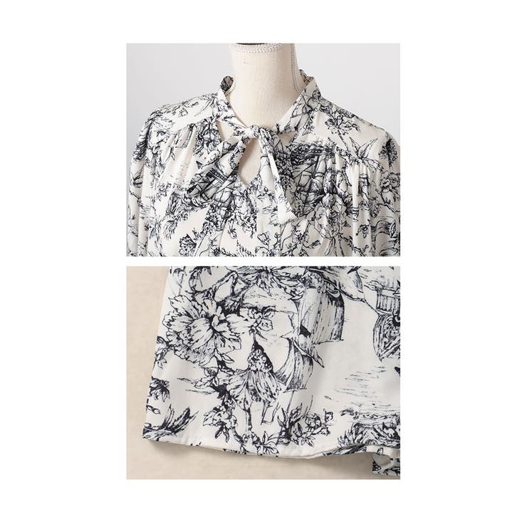 線画で描いた風景画が美しいボウタイリボンティアードワンピース