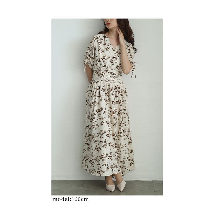 肩あきリボンスリーブの花柄カシュクールワンピース【3月1日20時販売新作】