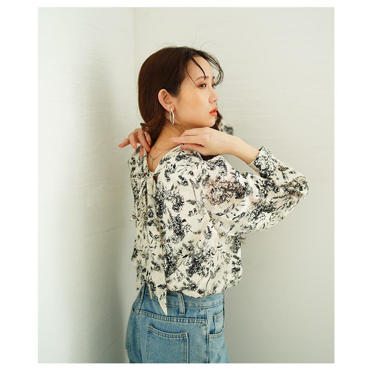 バックリボンが目を惹くボタニカル柄シアーシャツブラウス レディース ファッション | Sawa a la mode | 詳細画像18 