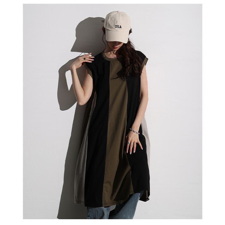 着痩せるレトロモダンな配色ストライプワンピース【3月24日20時販売新作】
