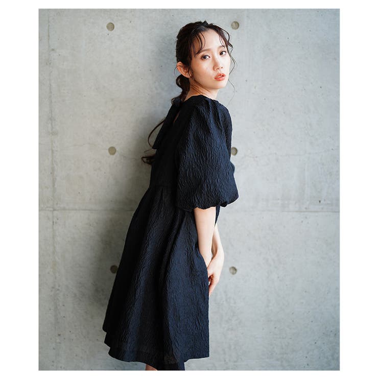 バックリボンパフスリーブジャガードワンピース【4月5日20時販売新作】