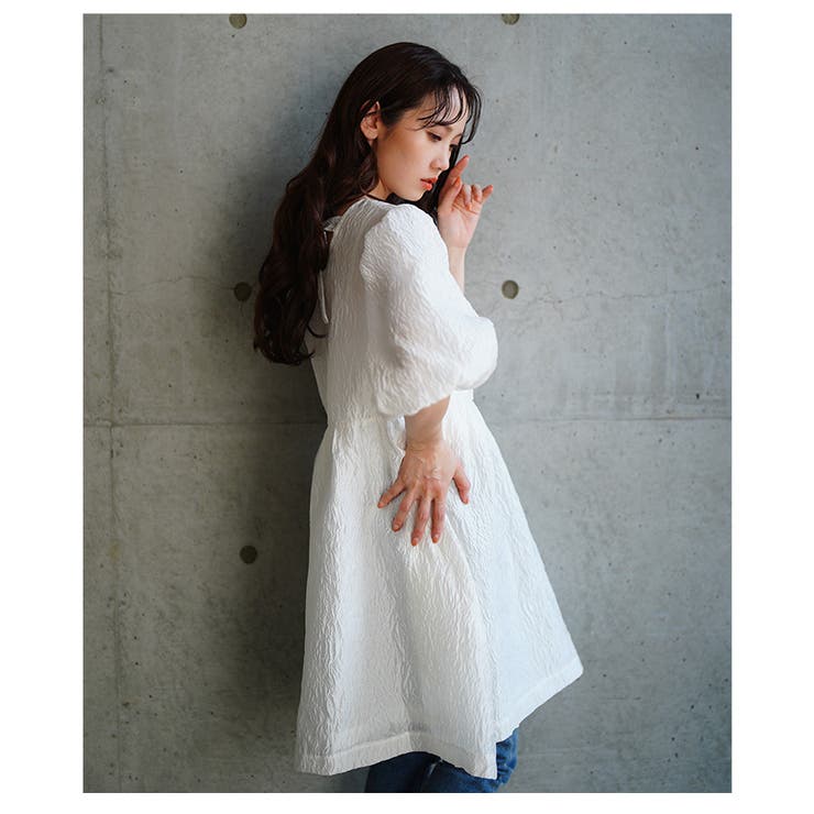 バックリボンパフスリーブジャガードワンピース【4月5日20時販売新作】
