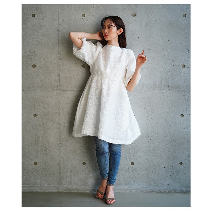 バックリボンパフスリーブジャガードワンピース【4月5日20時販売新作】