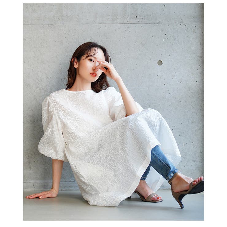 バックリボンパフスリーブジャガードワンピース【4月5日20時販売新作】