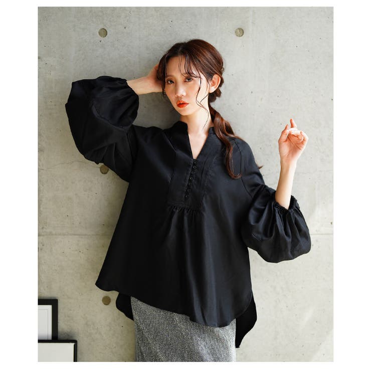 目を惹くボリュームスリーブキーネックシャツブラウス【4月2日20時販売新作】