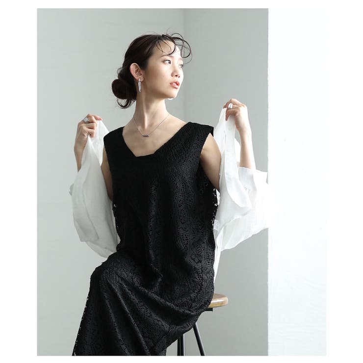 風通り抜けるレース編みノースリーブロングワンピース【4月9日20時販売新作】