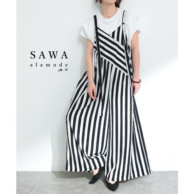 レトロに大人の垢抜けストライプ柄サロペットパンツ レディース ファッション | Sawa a la mode | 詳細画像1 