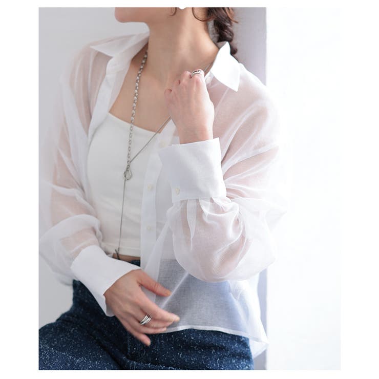 襟付きショート丈シアーシャツブラウス【4月16日20時販売新作】