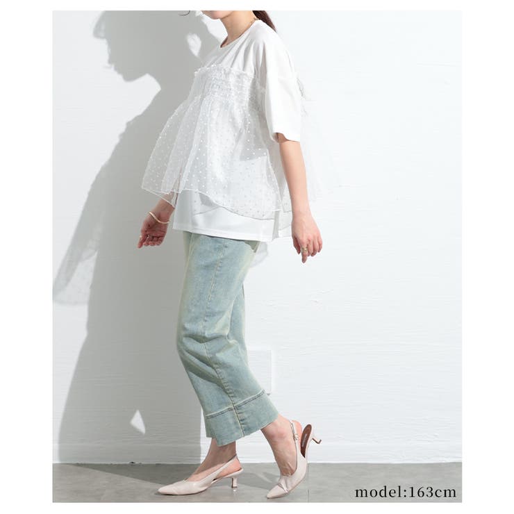 甘さ引き立つドット柄シフォン異素材カットソー【4月17日20時販売新作】