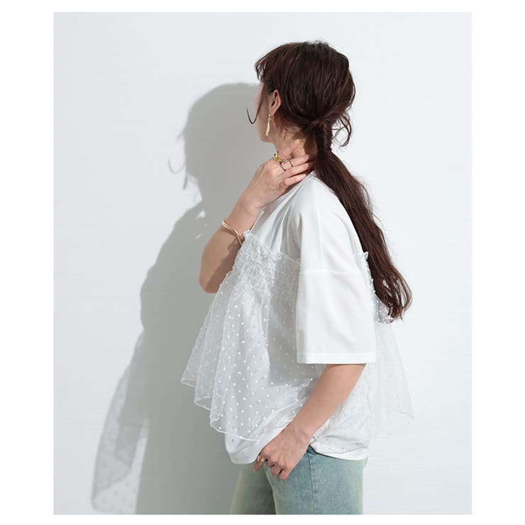 甘さ引き立つドット柄シフォン異素材カットソー【4月17日20時販売新作】