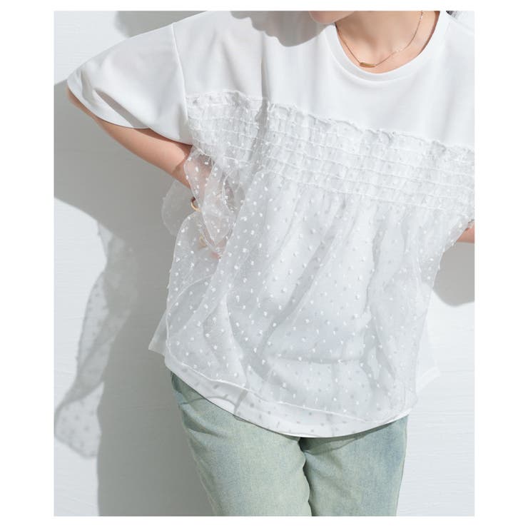 甘さ引き立つドット柄シフォン異素材カットソー【4月17日20時販売新作】