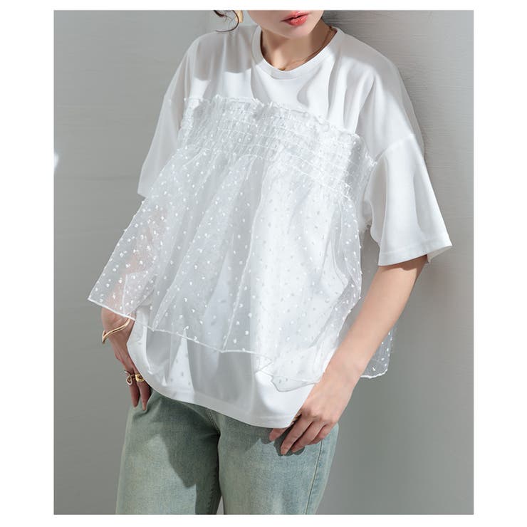 甘さ引き立つドット柄シフォン異素材カットソー【4月17日20時販売新作】