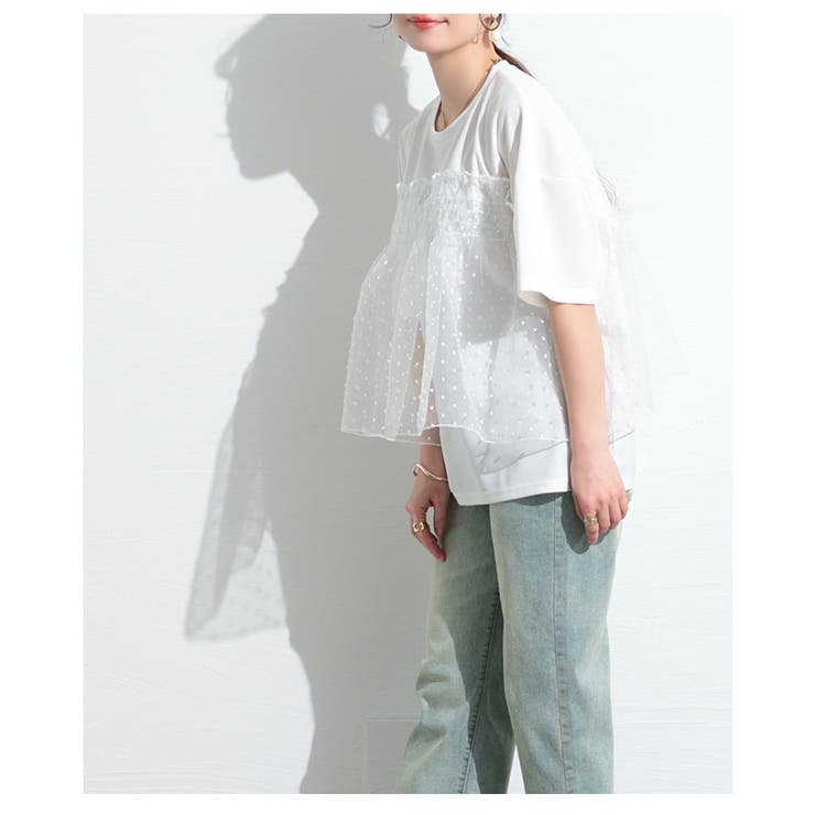 甘さ引き立つドット柄シフォン異素材カットソー【4月17日20時販売新作】